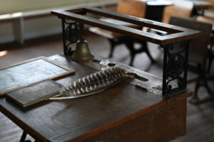 Oldfashioned desk with writing quill.